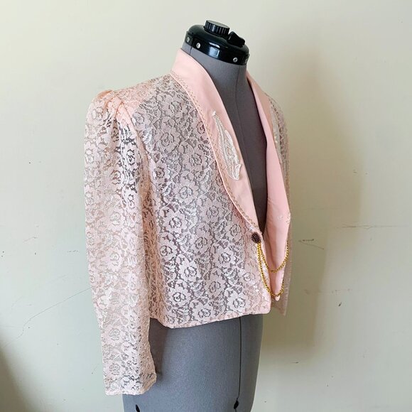 Vintage 90s Pink Lace Made in France Bolero Jacket Size Medium - Picture 4 of 10